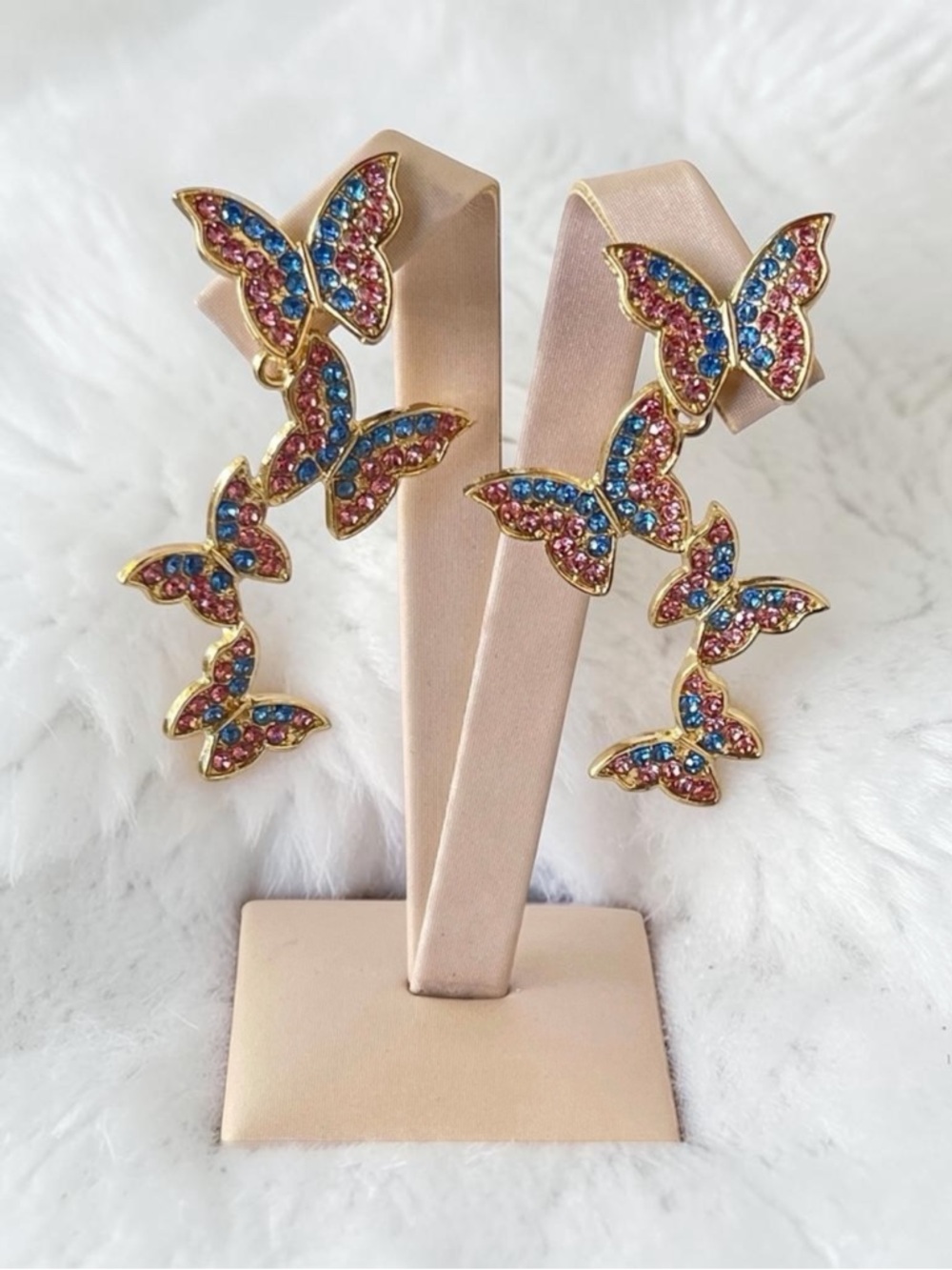 Colorful Butterfly Dangle Earrings Gold Tone Pink Blue Rhinestone Statement Drop